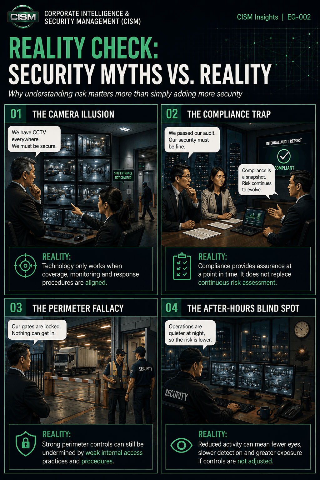 CISM Insights infographic showing four common security myths: the camera illusion, the compliance trap, the perimeter fallacy and the after-hours blind spot, together with the operational reality behind each.