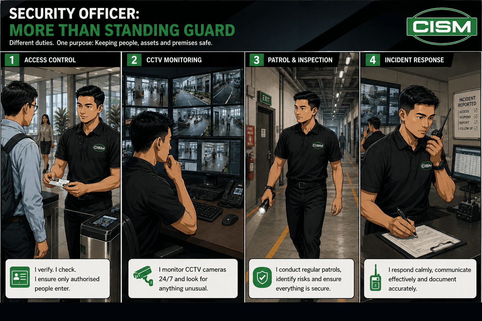 CISM Insights comic illustrating that modern Security Officers perform access control, CCTV monitoring, patrols and incident response rather than simply standing guard.